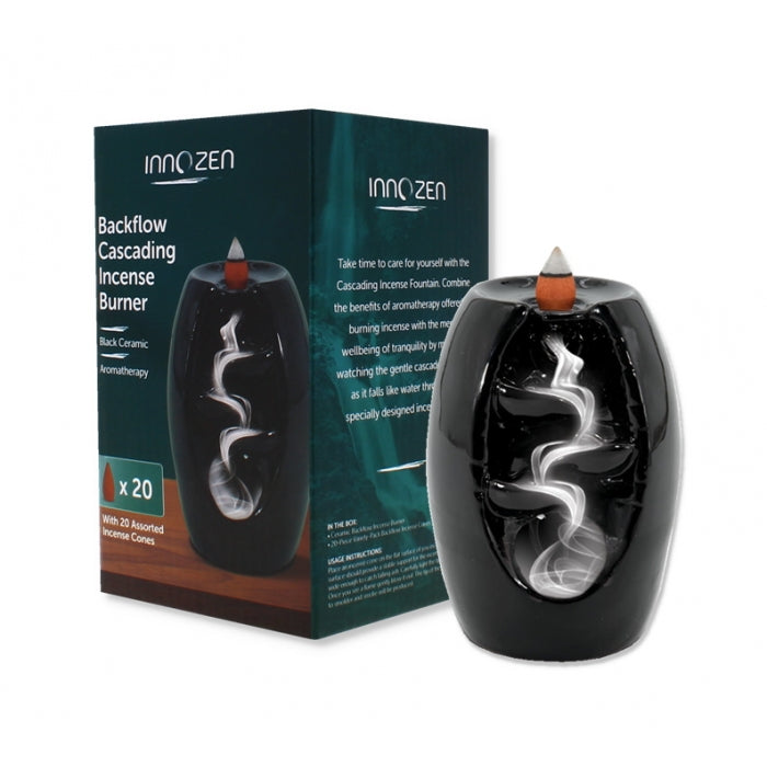 Black Ceramic Backflow Incense Burner with 20 Assorted Cones